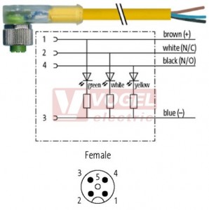 7000-12421-0340500 konektor M12/4-pin/3xLED/zás/úhlový - kabel ŽL PUR 4x0,34mm2 L=5,0m - volný konec