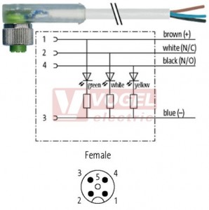 7000-12421-2140500 konektor M12/4-pin/3xLED/zás/úhlový - kabel ŠE PVC 4x0,34mm2 L=5,0m - volný konec