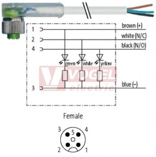 7000-12421-2141500 konektor M12/4-pin/3xLED/zás/úhlový - kabel ŠE PVC 4x0,34mm2 L=15,0m - volný konec