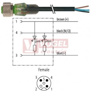 7000-12261-6130500 konektor M12/3-pin/2xLED/zás/přímý - kabel ČE PVC 3x0,34mm2 L=5,0m - volný konec