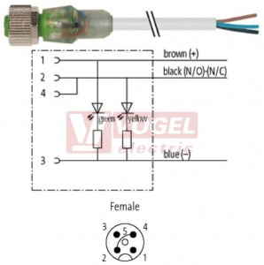 7000-12281-2130750 konektor M12/4-pin/2xLED/zás/přímý - kabel ŠE PVC 4x0,34mm2 L=7,5m - volný konec