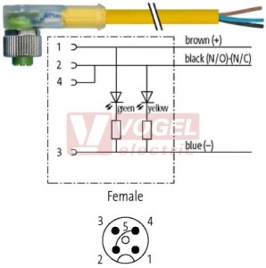 7000-12401-0130750 konektor M12/4-pin/2xLED/zás/úhlový - kabel ŽL PVC 4x0,34mm2 L=7,5m - volný konec