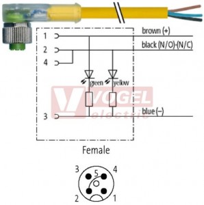 7000-12401-0530300 konektor M12/4-pin/2xLED/zás/úhlový - kabel ŽL PUR do svařovny 4x0,34mm2 L=3,0m - volný konec