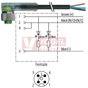 7000-12401-6130750 konektor M12/4-pin/2xLED/zás/úhlový - kabel ČE PVC 4x0,34mm2 L=7,5m - volný konec
