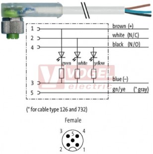7000-12441-2150500 konektor M12/5-pin/3xLED/zás/úhlový - kabel ŠE PVC 5x0,34mm2 L=5,0m - volný konec