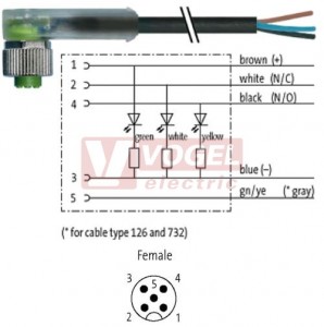 7000-12441-6350500 konektor M12/5-pin/3xLED/zás/úhlový - kabel ČE PUR 5x0,34mm2 L=5,0m - volný konec