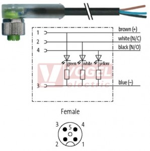 7000-12421-6540500 konektor M12/4-pin/3xLED/zás/úhlový - kabel ČE PUR do svařovny 4x0,34mm2 L=5,0m - volný konec