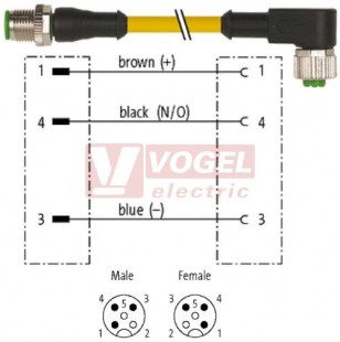 7000-40101-0130060 konektor M12/3-pin/vidl/přímý - kabel ŽL PVC 3x0,34mm2 L=0,6m - konektor M12/3-pin/zás/úhlový