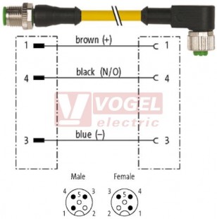 7000-40101-0230030 konektor M12/3-pin/vidl/přímý - kabel ŽL PUR/PVC 3x0,34mm2 L=0,3m - konektor M12/3-pin/zás/úhlový
