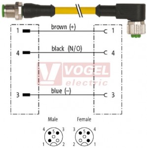 7000-40101-0230030 konektor M12/3-pin/vidl/přímý - kabel ŽL PUR/PVC 3x0,34mm2 L=0,3m - konektor M12/3-pin/zás/úhlový