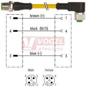 7000-40101-0230150 konektor M12/3-pin/vidl/přímý - kabel ŽL PUR/PVC 3x0,34mm2 L=1,5m - konektor M12/3-pin/zás/úhlový