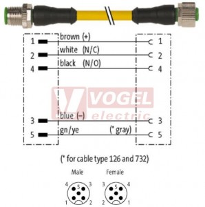 7000-40041-0250060 konektor M12/5-pin/vidl/přímý - kabel ŽL PUR/PVC 5x0,34mm2 L=0,6m - konektor M12/5-pin/zás/přímý