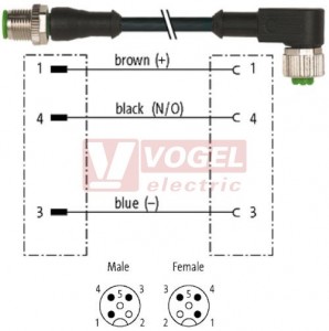 7000-40101-6230030 konektor M12/3-pin/vidl/přímý - kabel ČE PUR/PVC 3x0,34mm2 L=0,3m - konektor M12/3-pin/zás/úhlový