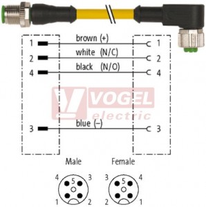 7000-40121-0140030 konektor M12/4-pin/vidl/přímý - kabel ŽL PVC 4x0,34mm2 L=0,3m - konektor M12/4-pin/zás/úhlový