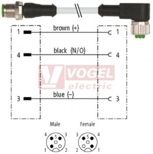 7000-40101-2130030 konektor M12/3-pin/vidl/přímý - kabel ŠE PVC 3x0,34mm2 L=0,3m - konektor M12/3-pin/zás/úhlový