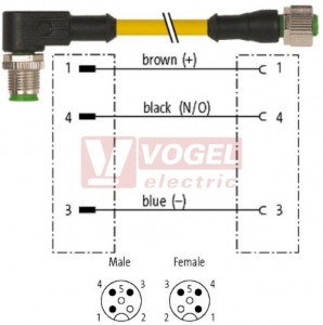 7000-40171-0130030 konektor M12/3-pin/vidl/úhlový - kabel ŽL PVC 3x0,34mm2 L=0,3m - konektor M12/3-pin/zás/přímý