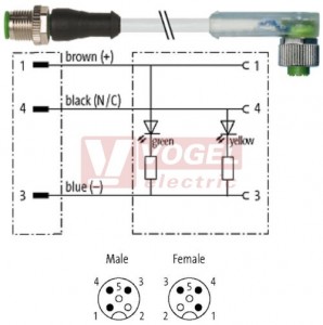 7000-40321-2330500 konektor M12/3-pin/vidl/přímý - kabel ŠE PUR do vlečného řetězu 3x0,34mm2 L=5,0m - konektor M12/3-pin/2xLED/zás/úhlový