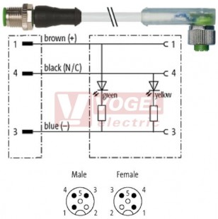 7000-40321-2331000 konektor M12/3-pin/vidl/přímý - kabel ŠE PUR do vlečného řetězu 3x0,34mm2 L=10,0m - konektor M12/3-pin/2xLED/zás/úhlový