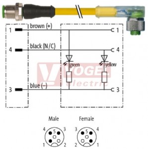 7000-40321-0330500 konektor M12/3-pin/vidl/přímý - kabel ŽL PUR do vlečného řetězu 3x0,34mm2 L=5,0m - konektor M12/3-pin/2xLED/zás/úhlový