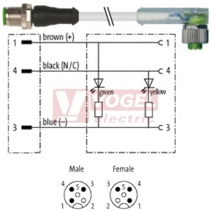 7000-40321-2230030 konektor M12/3-pin/vidl/přímý - kabel ŠE PUR/PVC 3x0,34mm2 L=0,3m - konektor M12/3-pin/2xLED/zás/úhlový