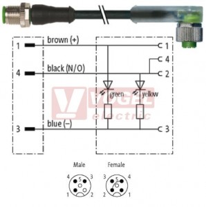 7000-40381-6230030 konektor M12/3-pin/vidl/přímý - kabel ČE PUR/PVC 3x0,34mm2 L=0,3m - konektor M12/3-pin/2xLED/zás/úhlový