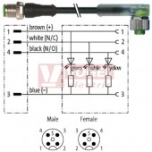 7000-40341-6240030 konektor M12/4-pin/vidl/přímý - kabel ČE PUR/PVC 4x0,34mm2 L=0,3m - konektor M12/4-pin/3xLED/zás/úhlový