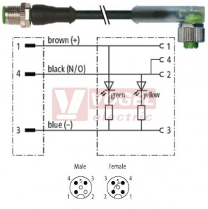 7000-40381-6330030 konektor M12/3-pin/vidl/přímý - kabel ČE PUR do vlečného řetězu 3x0,34mm2 L=0,3m - konektor M12/3-pin/2xLED/zás/úhlový