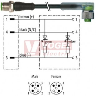 7000-40321-6130030 konektor M12/3-pin/vidl/přímý - kabel ČE PVC 3x0,34mm2 L=0,3m - konektor M12/3-pin/2xLED/zás/úhlový