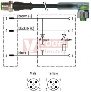 7000-40321-6130150 konektor M12/3-pin/vidl/přímý - kabel ČE PVC 3x0,34mm2 L=1,5m - konektor M12/3-pin/2xLED/zás/úhlový
