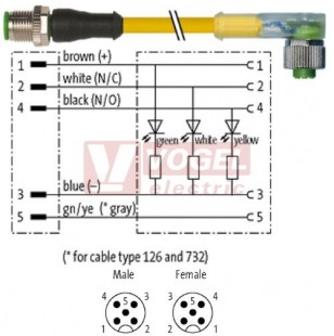 7000-40361-0350200 konektor M12/5-pin/vidl/přímý - kabel ŽL PUR do vlečného řetězu 5x0,34mm2 L=2,0m - konektor M12/5-pin/3xLED/zás/úhlový