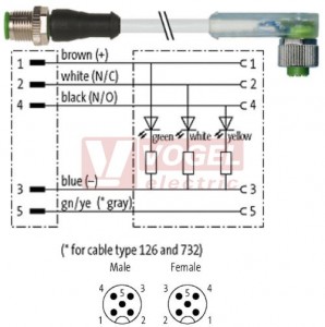 7000-40361-2250100 konektor M12/5-pin/vidl/přímý - kabel ŠE PUR/PVC 5x0,34mm2 L=1,0m - konektor M12/5-pin/3xLED/zás/úhlový