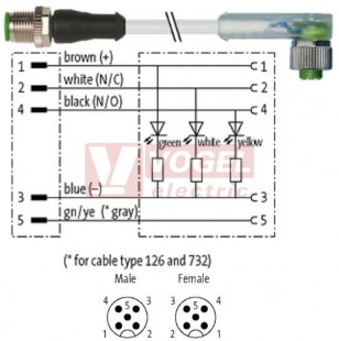 7000-40361-2250750 konektor M12/5-pin/vidl/přímý - kabel ŠE PUR/PVC 5x0,34mm2 L=7,5m - konektor M12/5-pin/3xLED/zás/úhlový