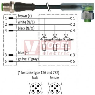 7000-40361-6150060 konektor M12/5-pin/vidl/přímý - kabel ČE PVC 5x0,34mm2 L=0,6m - konektor M12/5-pin/3xLED/zás/úhlový