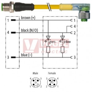 7000-40381-0130060 konektor M12/3-pin/vidl/přímý - kabel ŽL PVC 3x0,34mm2 L=0,6m - konektor M12/3-pin/2xLED/zás/úhlový