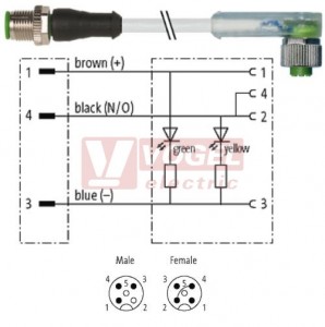 7000-40381-2230030 konektor M12/3-pin/vidl/přímý - kabel ŠE PUR/PVC 3x0,34mm2 L=0,3m - konektor M12/3-pin/2xLED/zás/úhlový