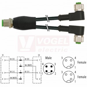 7000-40741-6230150 rozbočovací Y konektor M12/4-pin/vidl/přímý - kabel ČE PUR/PVC 3x0,34mm2 L=1,5m - 2x konektor M12/3-pin/zás/úhlový