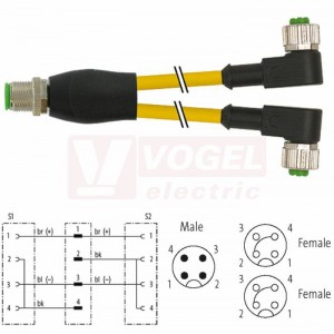 7000-40761-0330030 rozbočovací Y konektor M12/4-pin/vidl/přímý - kabel ŽL PUR do energ.řetězů 3x0,34mm2 L=0,3m - 2x  konektor M12/4-pin/zás/úhlový