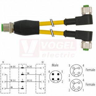 7000-40761-0530200 rozbočovací Y konektor M12/4-pin/vidl/přímý - kabel ŽL PUR do svařovny 3x0,34mm2 L=2m - 2x  konektor M12/4-pin/zás/úhlový