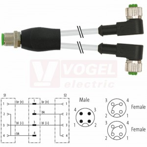 7000-40761-2230100 rozbočovací Y konektor M12/4-pin/vidl/přímý - kabel ŠE PUR/PVC 3x0,34mm2 L=1m - 2x konektor M12/4-pin/zás/úhlový