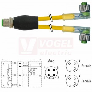 7000-40781-0230030 rozbočovací Y konektor M12/4-pin/vidl/přímý - kabel ŽL PUR/PVC 3x0,34mm2 L=0,3m - 2x konektor M12/3-pin/2xLED/zás/úhlový