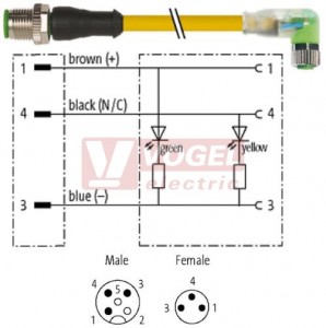 7000-40641-0100030 konektor M12/3-pin/vidl/přímý - kabel ŽL PVC 3x0,25mm2 L=0,3m - konektor M8/3-pin/2xLED/zás/úhlový