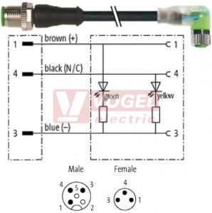 7000-40641-6300350 konektor M12/3-pin/vidl/přímý - kabel ČE PUR do vlečného řetězu 3x0,25mm2 L=3,5m - konektor M8/3-pin/2xLED/zás/úhlový