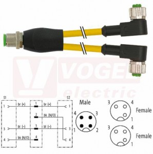 7000-40741-0330030 rozbočovací Y konektor M12/4-pin/vidl/přímý - kabel ŽL PUR do energ.řetězů 3x0,34mm2 L=0,3m - 2x  konektor M12/3-pin/zás/úhlový
