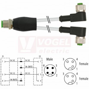 7000-40741-2130030 rozbočovací Y konektor M12/4-pin/vidl/přímý - kabel ŠE PVC 3x0,34mm2 L=0,3m - 2x  konektor M12/3-pin/zás/úhlový