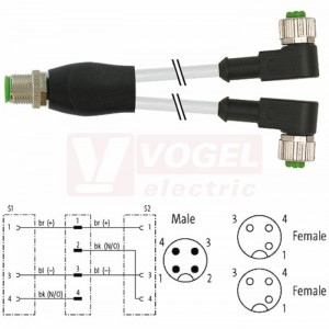 7000-40741-2130300 rozbočovací Y konektor M12/4-pin/vidl/přímý - kabel ŠE PVC 3x0,34mm2 L=3m - 2x  konektor M12/3-pin/zás/úhlový