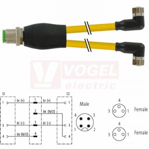 7000-40841-0300060 rozbočovací Y konektor M12/4-pin/vidl/přímý - kabel ŽL PUR 3x0,25mm2 L=0,6m - 2x konektor M8/3-pin/zás/úhlový