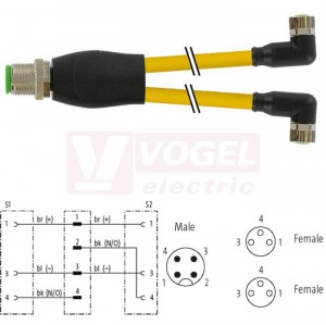 7000-40841-0500030 rozbočovací Y konektor M12/4-pin/vidl/přímý - kabel ŽL PUR do svařovny 3x0,25mm2 L=0,3m - 2x konektor M8/3-pin/zás/úhlový