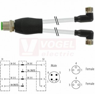 7000-40841-2500150 rozbočovací Y konektor M12/4-pin/vidl/přímý - kabel ŠE PUR do svařovny 3x0,25mm2 L=1,5m - 2x konektor M8/3-pin/zás/úhlový