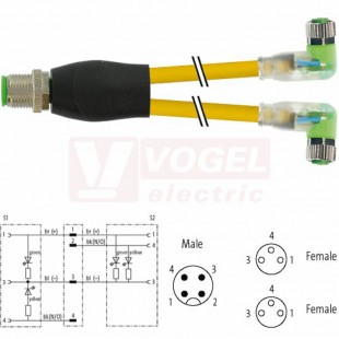 7000-40861-0500200 rozbočovací Y konektor M12/4-pin/vidl/přímý - kabel ŽL PUR do svařovny 3x0,25mm2 L=2m - 2x konektor M8/3-pin/2xLED/zás/úhlový
