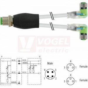 7000-40861-2100030 rozbočovací Y konektor M12/4-pin/vidl/přímý - kabel ŠE PVC 3x0,25mm2 L=0,3m - 2x konektor M8/3-pin/2xLED/zás/úhlový